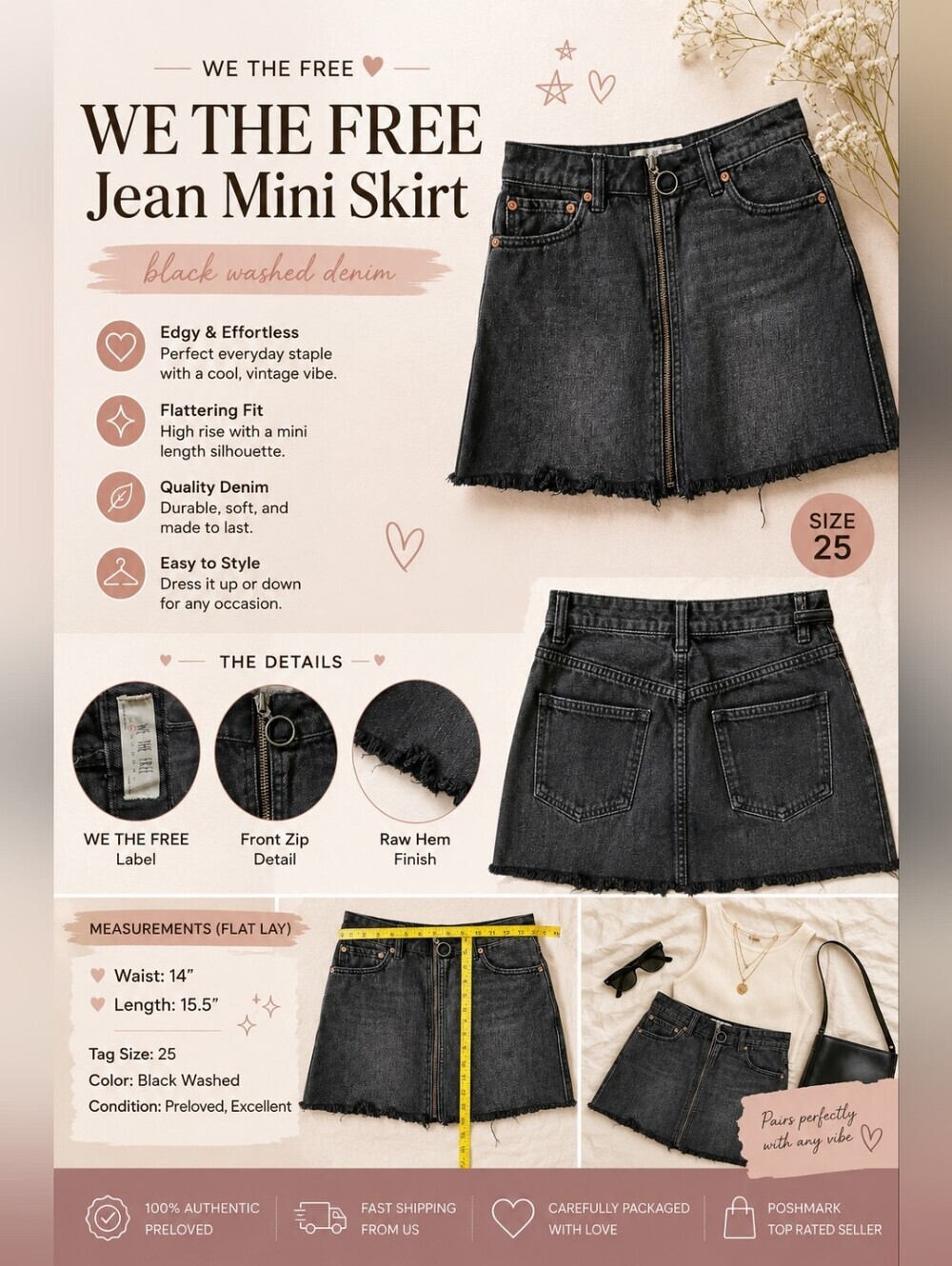 We The Free by Free People Black Denim Mini Skirt Front Zip Raw Hem Size 25